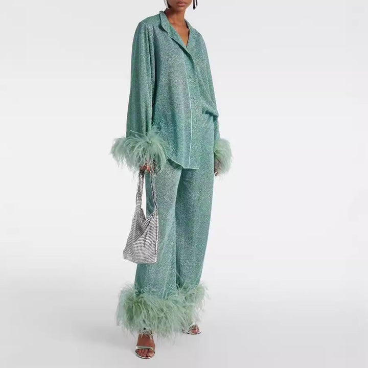 Drune | Herbst Winter Feder Stehkragen Langarmoberteil und Hosen Set