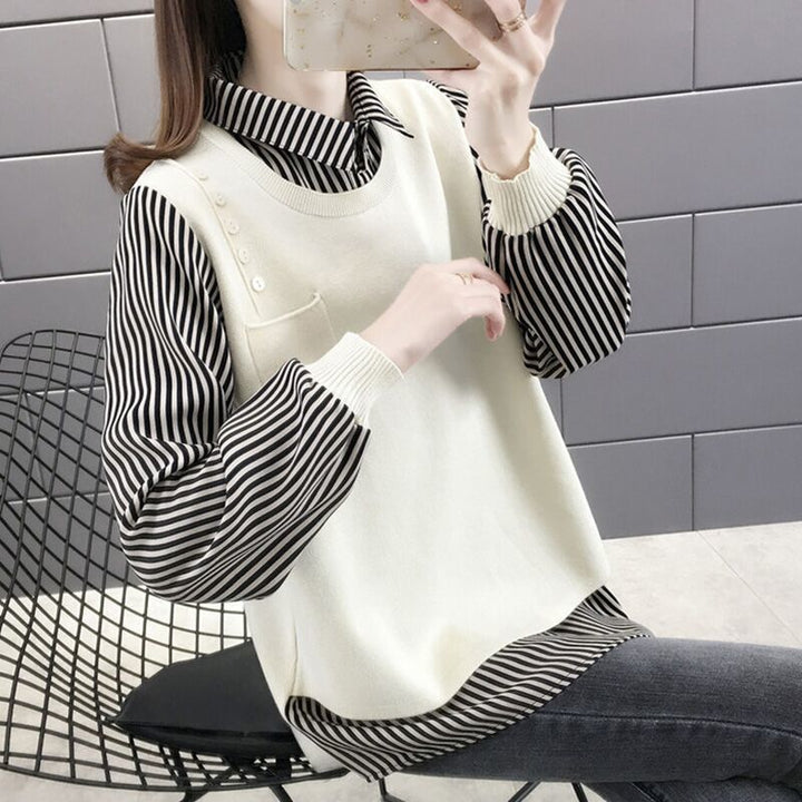 Damen Layered Pullover mit gestreiftem Hemdbluseneinsatz Drune