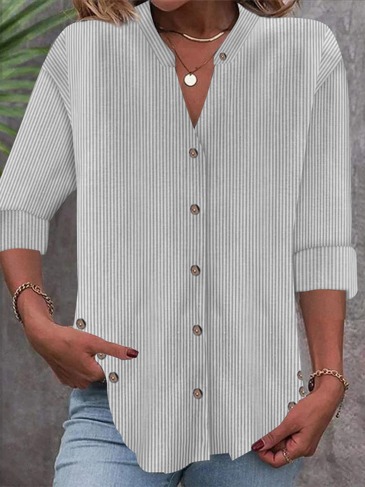 Damen Freizeit Gestreiftes Hemd Bluse mit Stehkragen, Durchgängige Knopfleiste und Roll-up 3/4 Ärmeln Drune