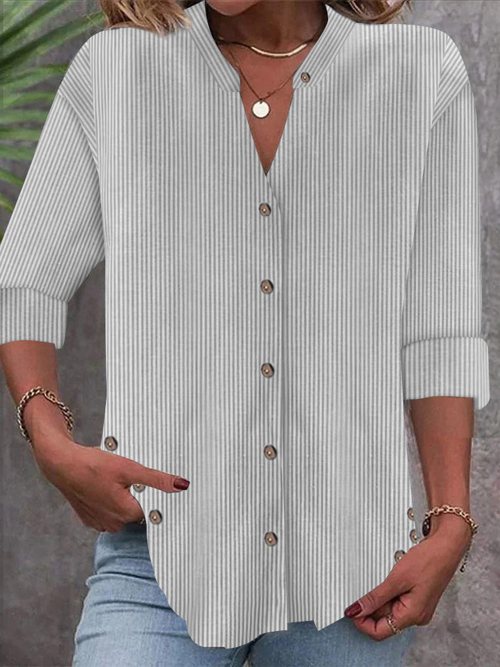 Damen Freizeit Gestreiftes Hemd Bluse mit Stehkragen, Durchgängige Knopfleiste und Roll-up 3/4 Ärmeln Drune