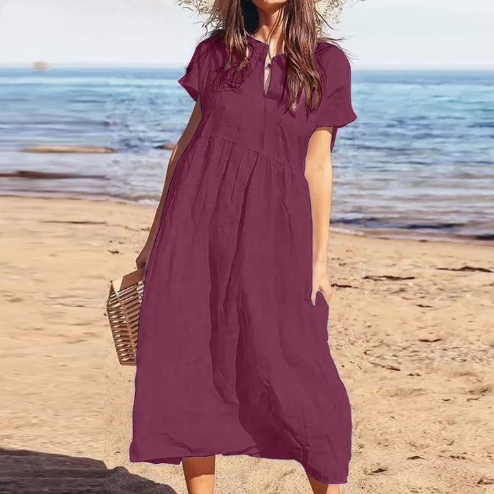 Drune | Einfarbiges kurzärmeliges Freizeitkleid mit V-Ausschnitt
