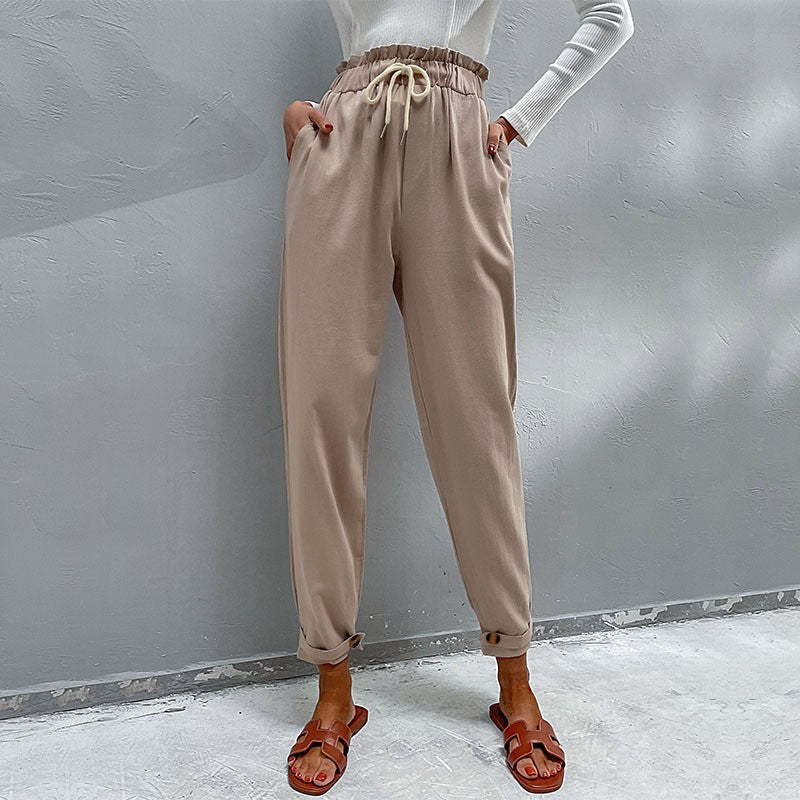 Damen Lässige Hose mit hohem Bund, Tunnelzug, Eingrifftaschen und konischer Beinform Drune