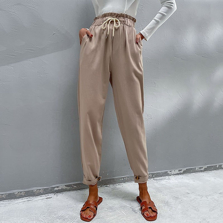 Damen Lässige Hose mit hohem Bund, Tunnelzug, Eingrifftaschen und konischer Beinform Drune