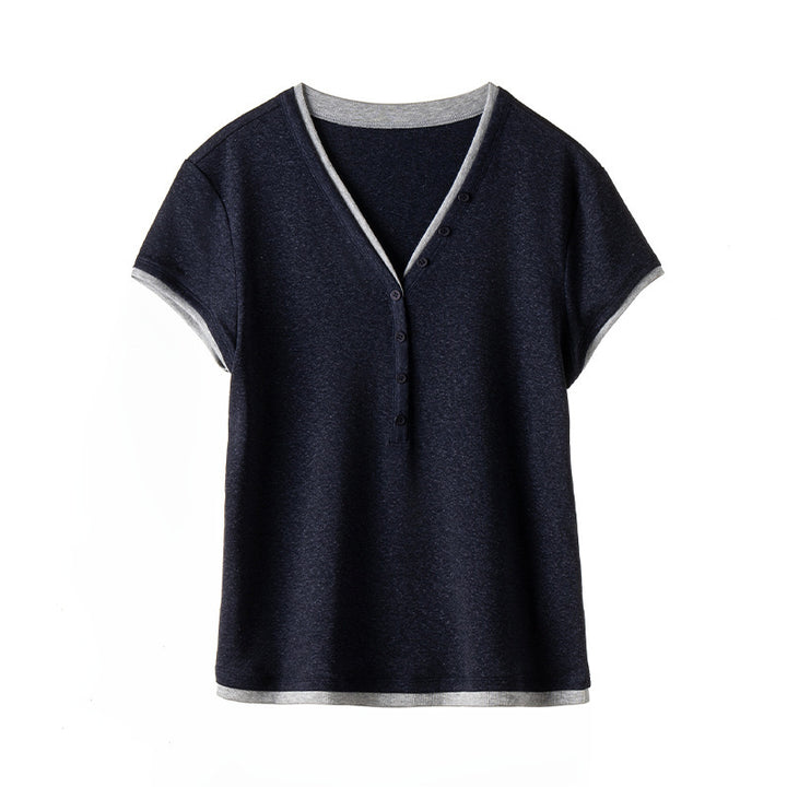 Damen Kurzärmeliges V-Ausschnitt-Henley-Shirt aus Stretch-Jersey mit feiner Knopfleiste Drune