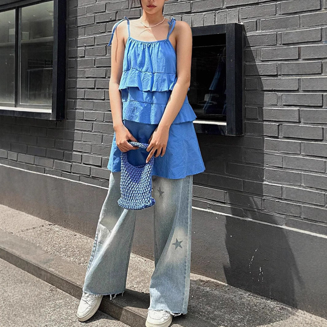 Damen luftiges Schwingkleid mit mehrlagigem Design und verstellbaren Trägern Drune