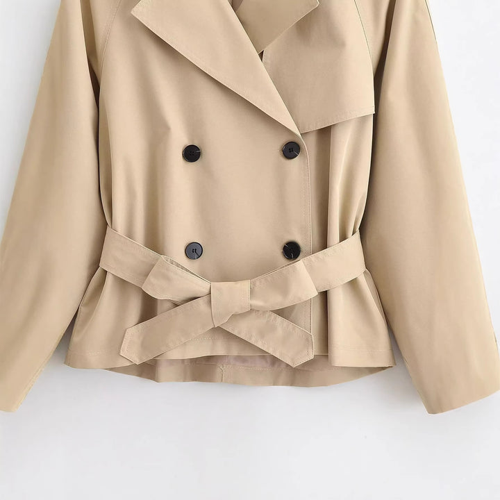 Damen 30+ kurzer taillierter Cropped Trenchcoat mit doppelreihiger Knopfleiste und Bindegürtel Drune