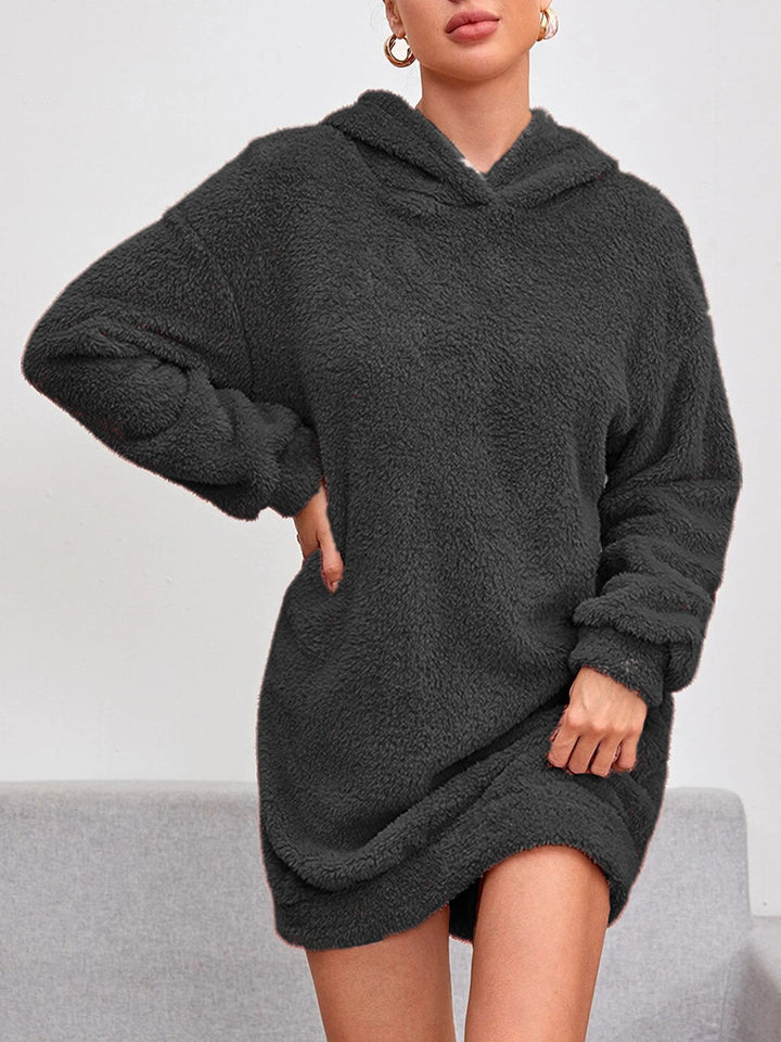 Damen Flauschiger Hoodie-Kleid mit Kapuze und praktischen Taschen Drune