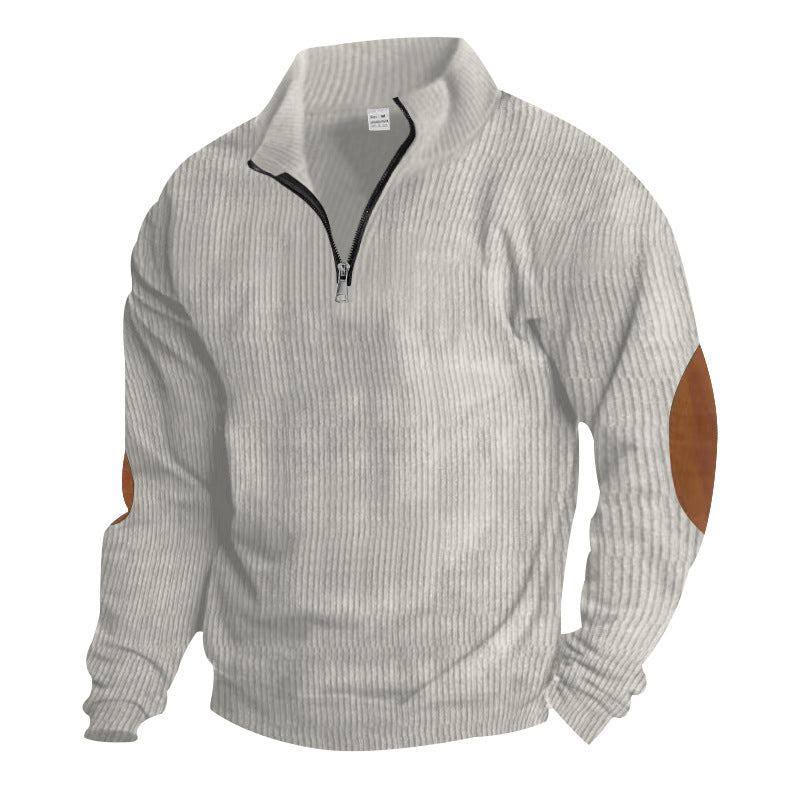 Herren nan gerippter Feinstrick-Pullover mit kurzem Reißverschluss Stehkragen und Lederoptik-Ellbogenpatches Drune