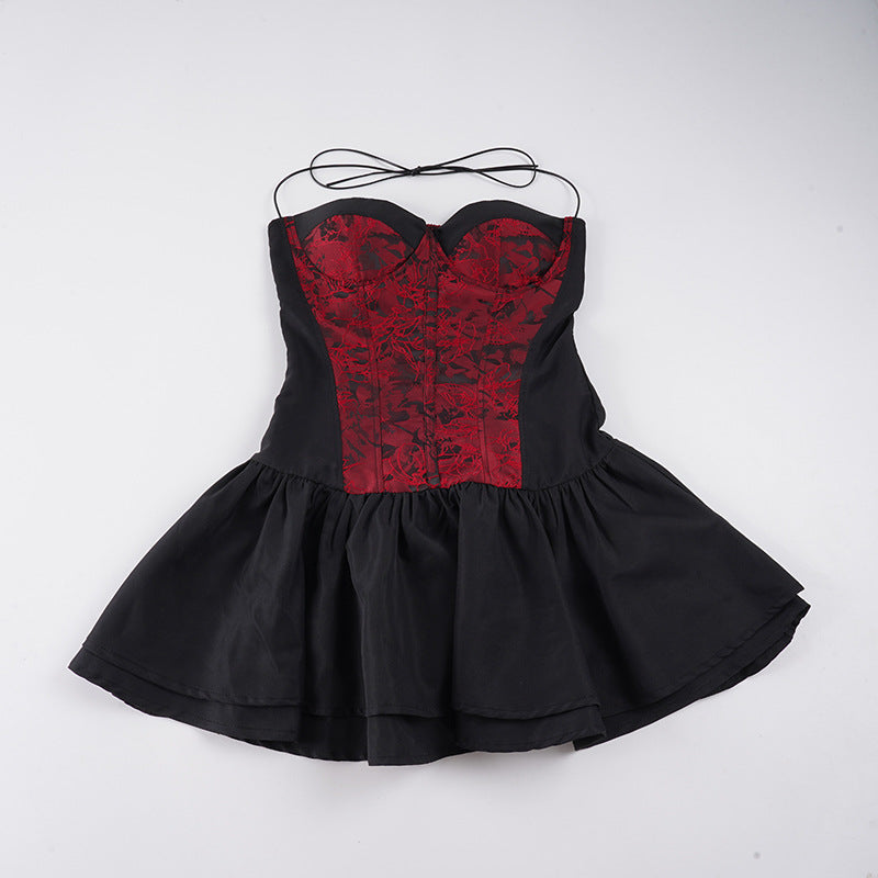 Damen Trägerkleid mit Corsagen-Design und voluminösem Rock Drune