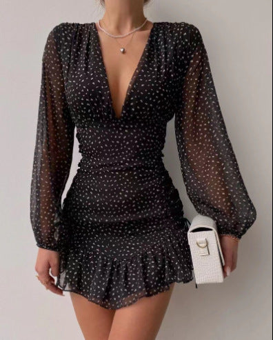 Damen Festliches Minikleid mit tiefem V-Ausschnitt und schimmernden Puffärmeln Drune