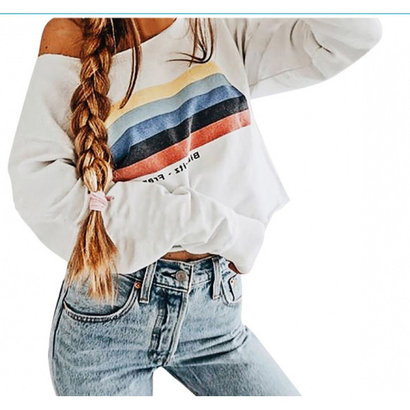 Damen Off-Shoulder Sweatshirt mit Retro-Bandprint und lockerer Cropped-Passform Drune