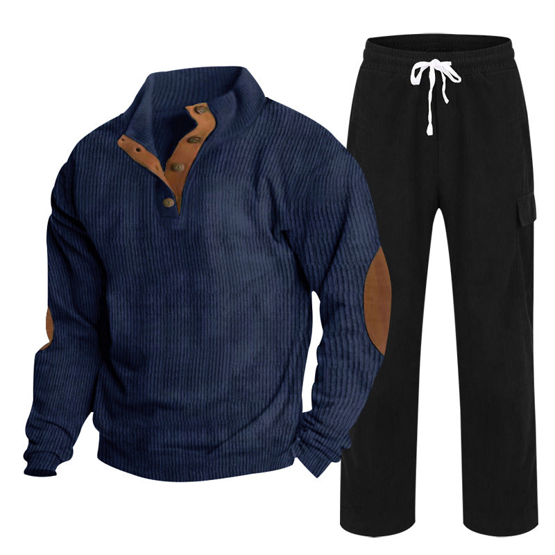 Herren Gemütliches Freizeit-Set aus Waffelstrick-Henley mit Ellenbogenpatch und Relax-Cargo-Hose Drune