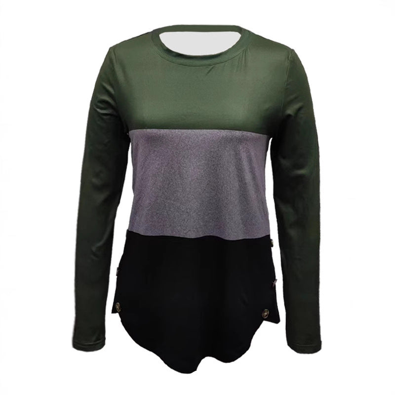 Damen Langarm-Colorblock-Shirt mit rundem Saum und seitlichem Knopfdetail Drune