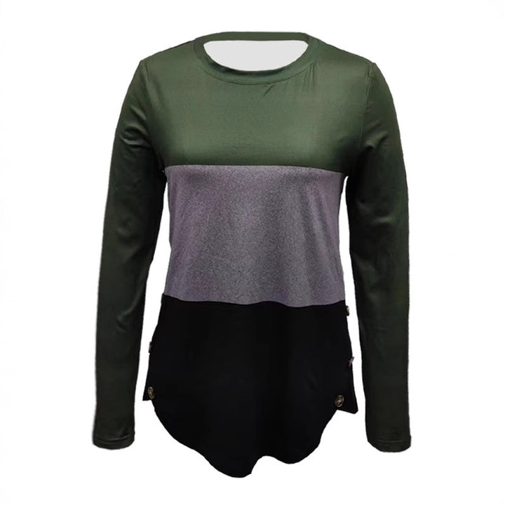 Damen Langarm-Colorblock-Shirt mit rundem Saum und seitlichem Knopfdetail Drune
