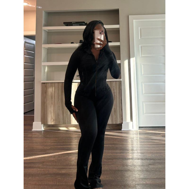 Damen figurbetonender Jumpsuit mit Hochkragen und durchgehendem Reißverschluss Drune