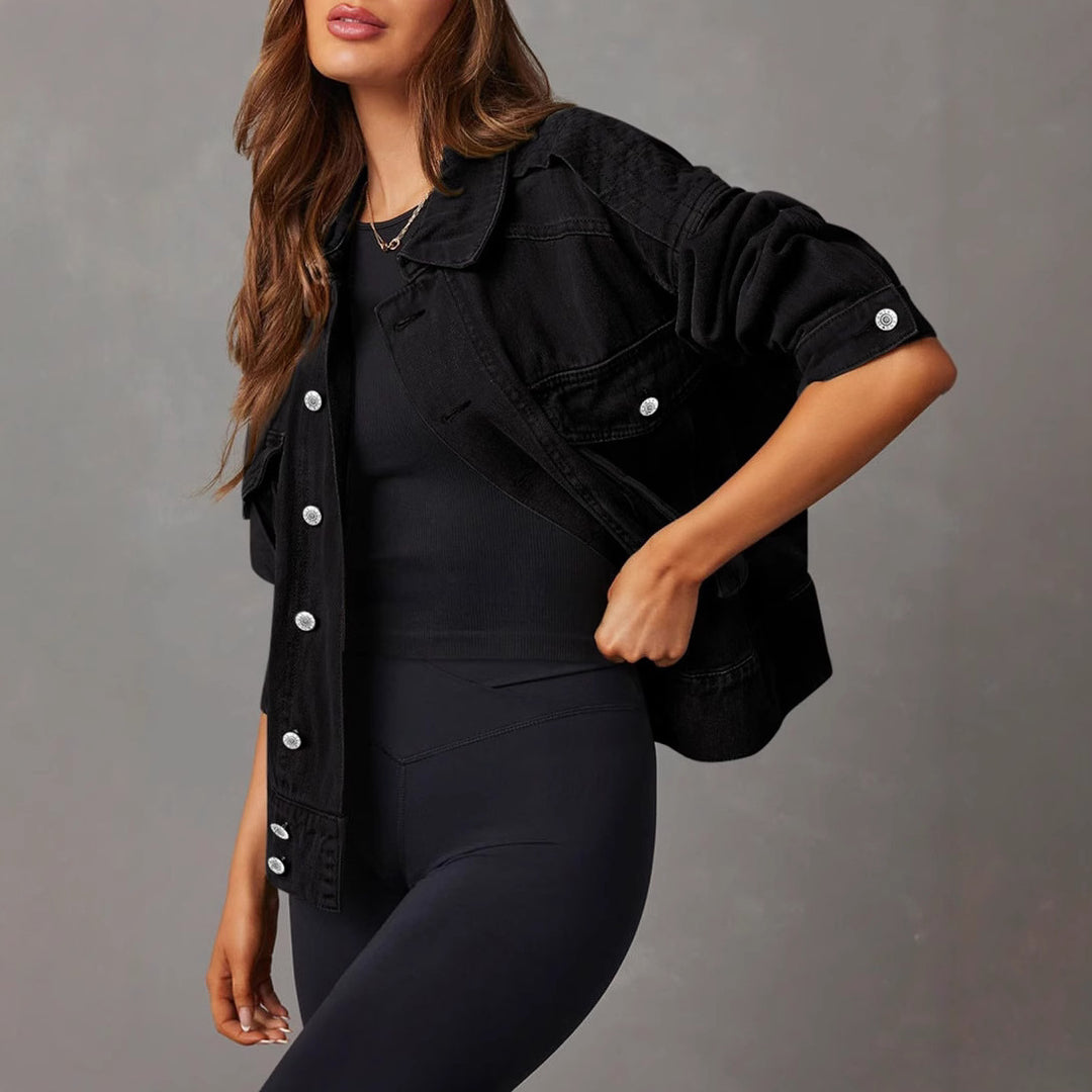 Damen nan kurze oversized Jeansjacke mit aufgesetzten Brusttaschen und krempelbaren Ärmeln Drune