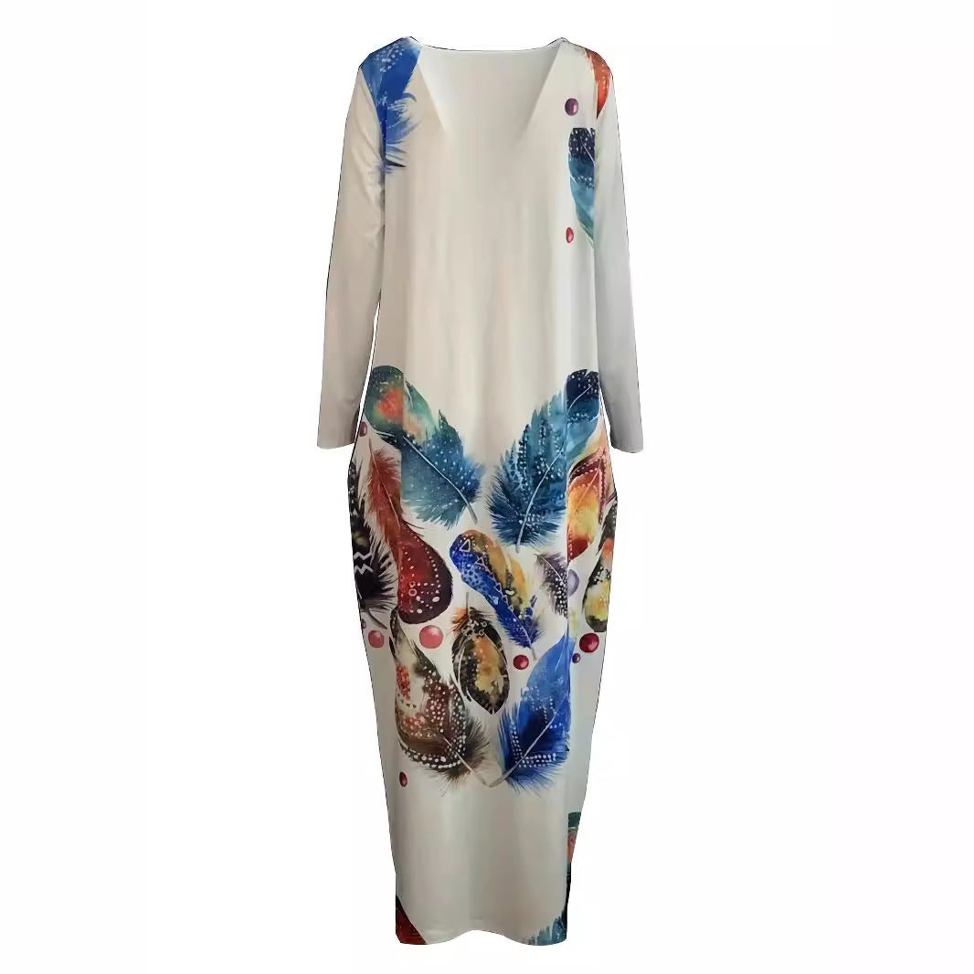 Damen Fließendes Maxikleid mit auffälligem Federmotiv, tiefem Rundhalsausschnitt und Seitentaschen Drune