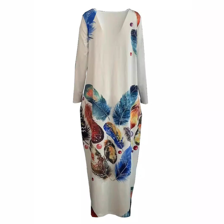 Damen Fließendes Maxikleid mit auffälligem Federmotiv, tiefem Rundhalsausschnitt und Seitentaschen Drune