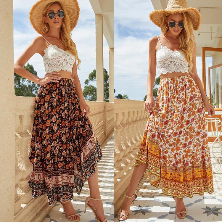 Damen Maxirock mit floralem Design und hoher Taille Drune