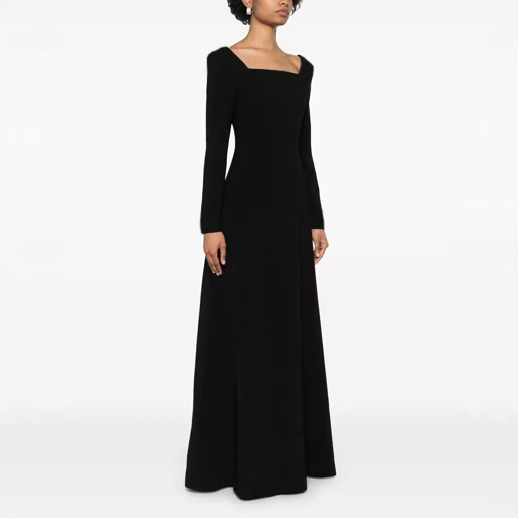 Damen Maxilanges Abendkleid im minimalistischen A-Linien-Schnitt mit quadratischem Ausschnitt und langen Ärmeln Drune