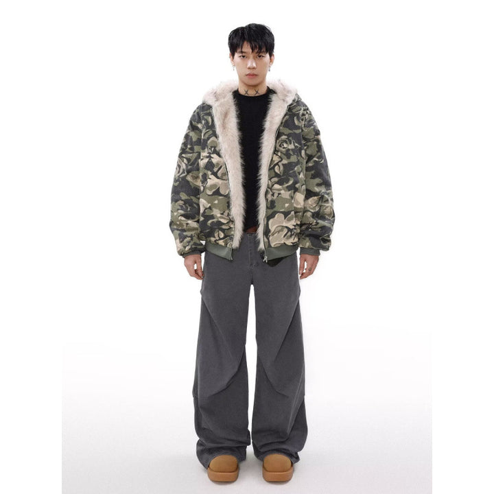 Herren Warmer gefütterter Camouflage-Bomber mit Kapuze und Kunstfellbesatz Drune
