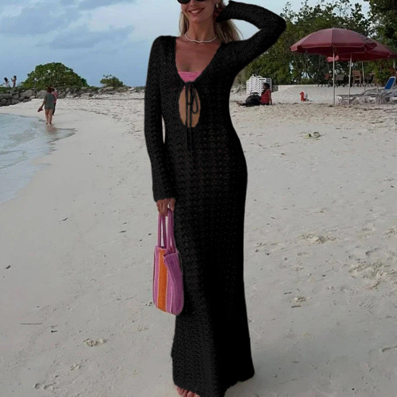 Damen Elegantes gehäkeltes Strandkleid mit tiefem V-Ausschnitt und luftiger Struktur Drune