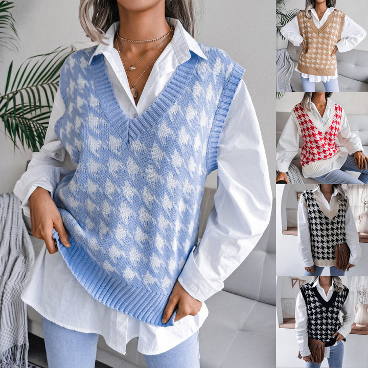 Damen Rippstrick-Weste mit V-Ausschnitt und Hahnentritt-Design Drune