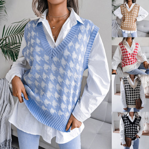 Damen Rippstrick-Weste mit V-Ausschnitt und Hahnentritt-Design Drune