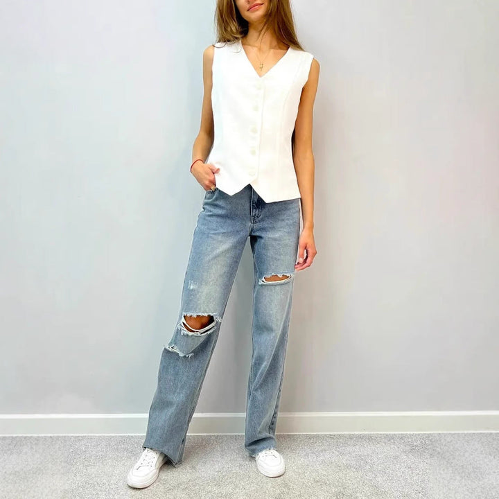 Damen ärmellose Bluse mit Knopfleiste Drune