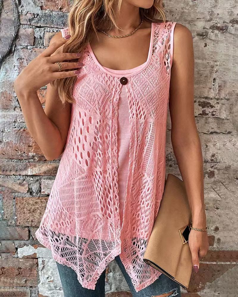 Damen nan zweilagiges Häkel-Overlay mit Jersey-Innentop, Ein-Knopf-Verschluss und asymmetrischem Zipfelsaum Drune