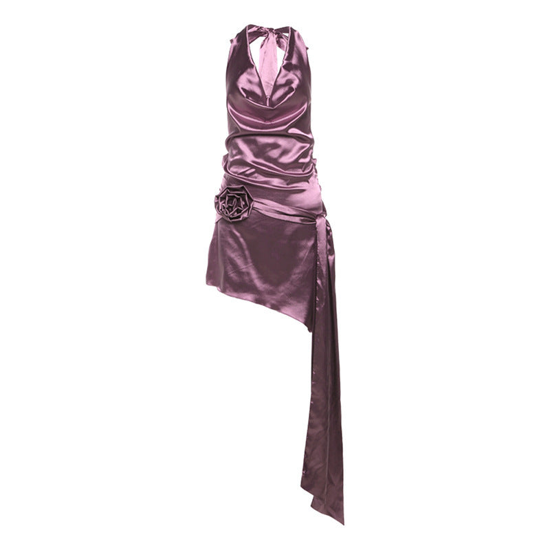 Damen Satin Minikleid mit asymmetrischem Saum und dekorativem Blumenmotiv Drune