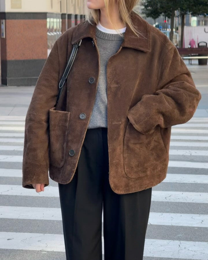 Damen Oversized Teddyjacke mit Knopfverschluss und großen Taschen Drune