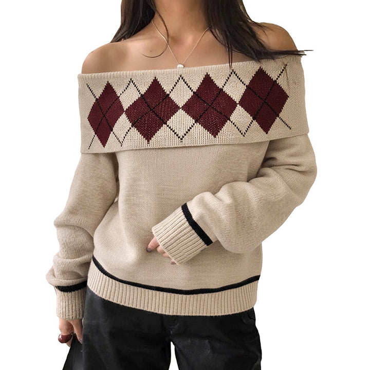 Damen Schulterfreier Strickpullover mit Rautenmuster und umgeschlagenem Kragen Drune