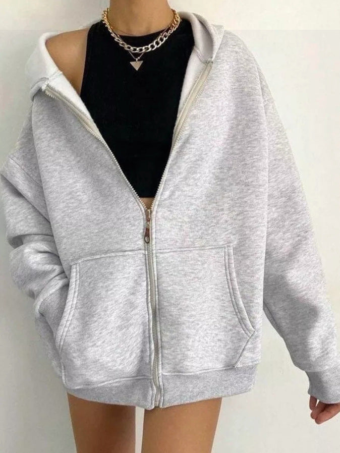 Damen oversized Kapuzenpullover mit Reißverschluss und praktischen Taschen Drune