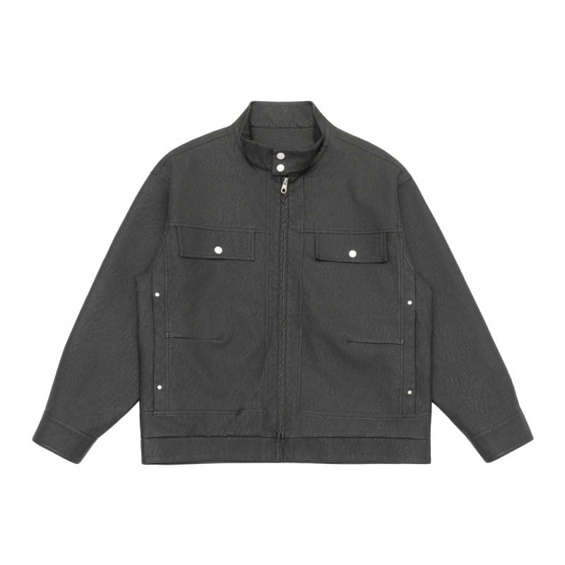 Unisex Boxy-Hemdjacke im Worker‑Stil mit Stehkragen, Frontreißverschluss und Pattentaschen Drune