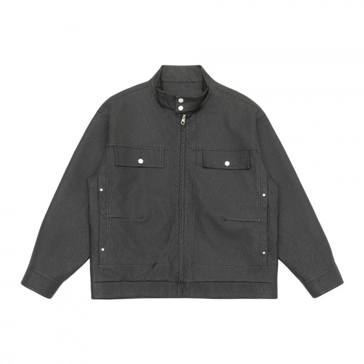 Unisex Boxy-Hemdjacke im Worker‑Stil mit Stehkragen, Frontreißverschluss und Pattentaschen Drune