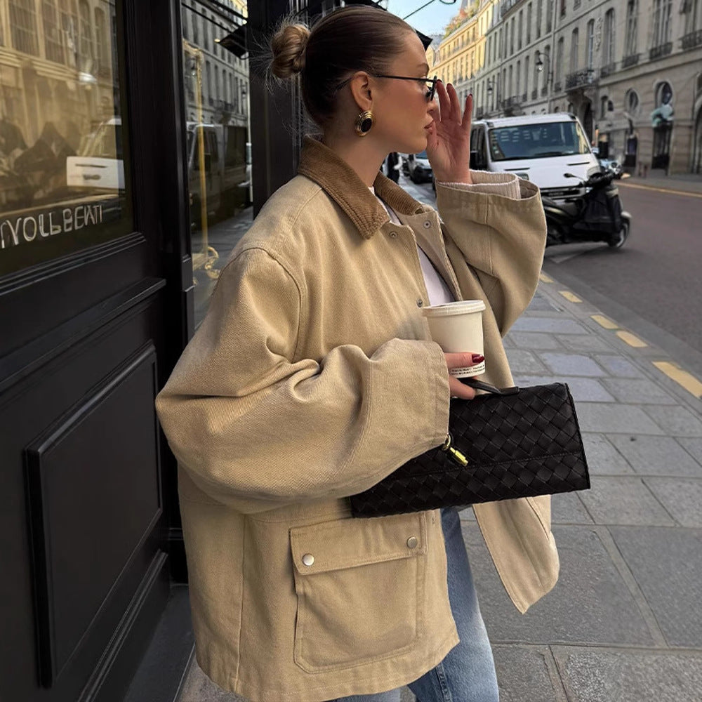 Damen Oversize-Fieldjacke mit Cordkragen, großen Pattentaschen und Druckknopfverschluss Drune