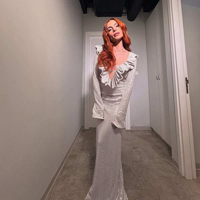 Damen elegantes Maxikleid mit Rüschendetail und transparentem Einsatz Drune