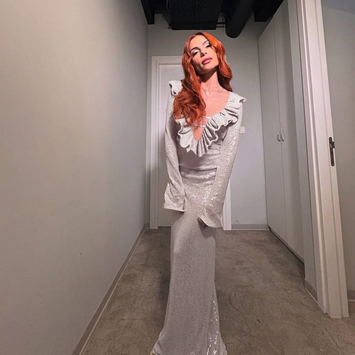 Damen elegantes Maxikleid mit Rüschendetail und transparentem Einsatz Drune