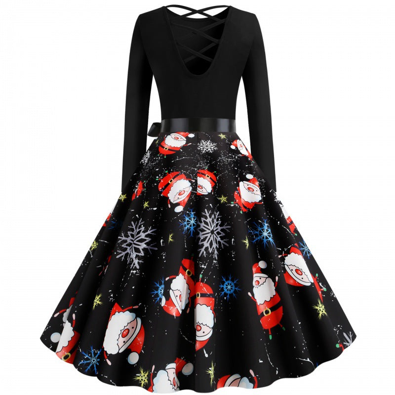 Damen Festliches Swingkleid mit Nikolausprint, tailliertem Satinband und gekreuztem Rückendetail Drune