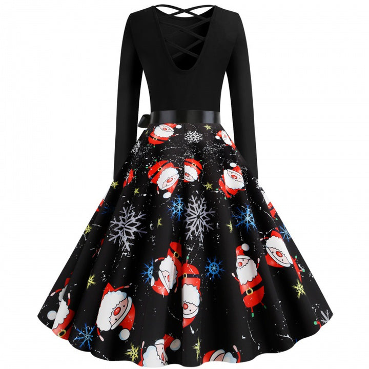 Damen Festliches Swingkleid mit Nikolausprint, tailliertem Satinband und gekreuztem Rückendetail Drune