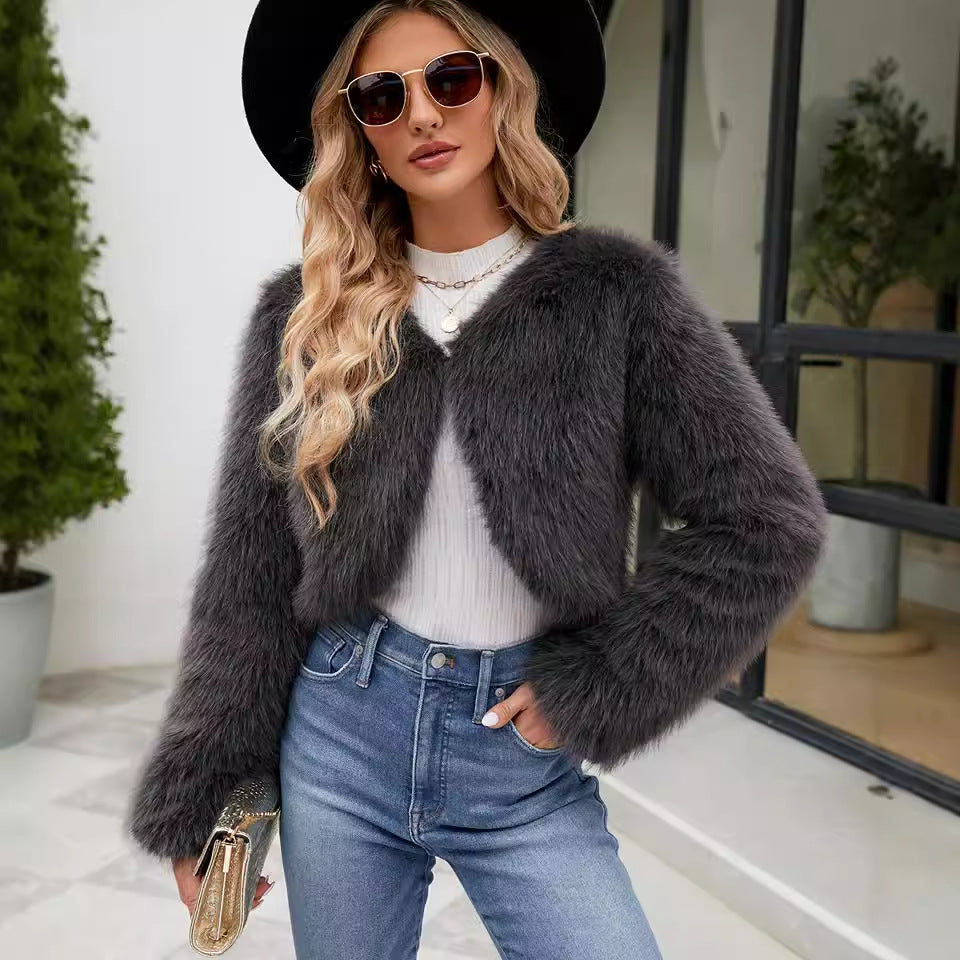 Damen Elegante und kuschelige Kurzjacke mit Kunstfell Drune