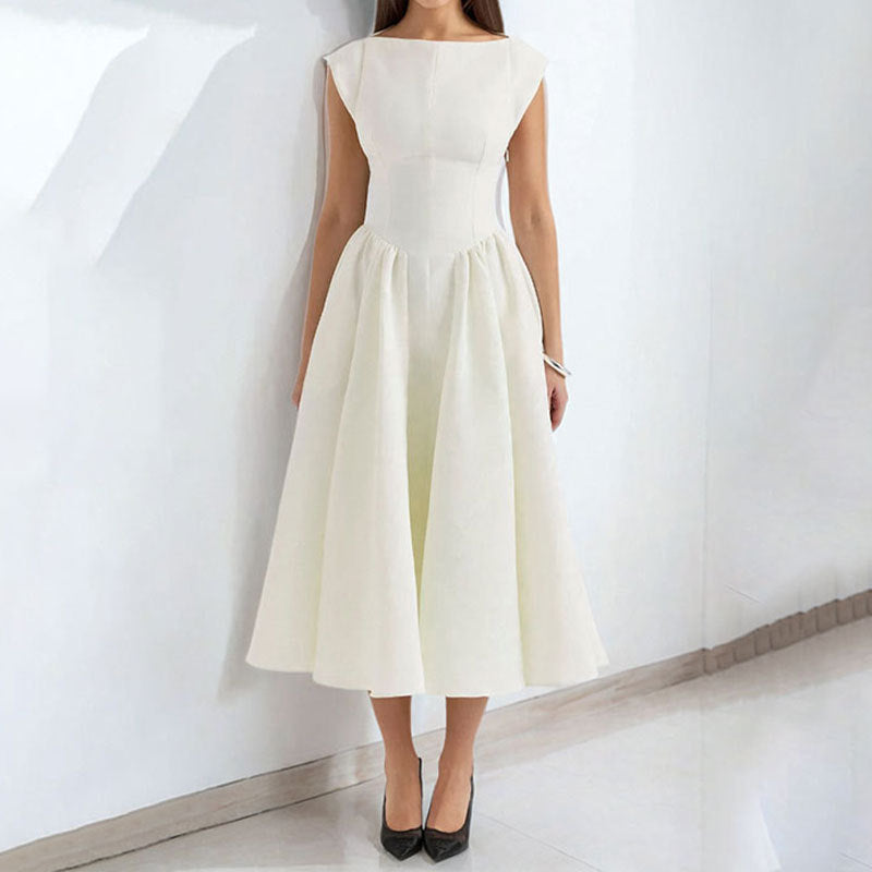 Damen Elegantes Midikleid mit tailliertem Oberteil und schwingendem Rock Drune