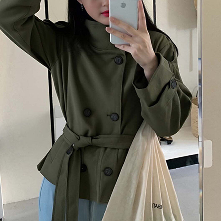 Damen Modische Langjacke mit hohem Kragen und taillierbarem Gürtel Drune