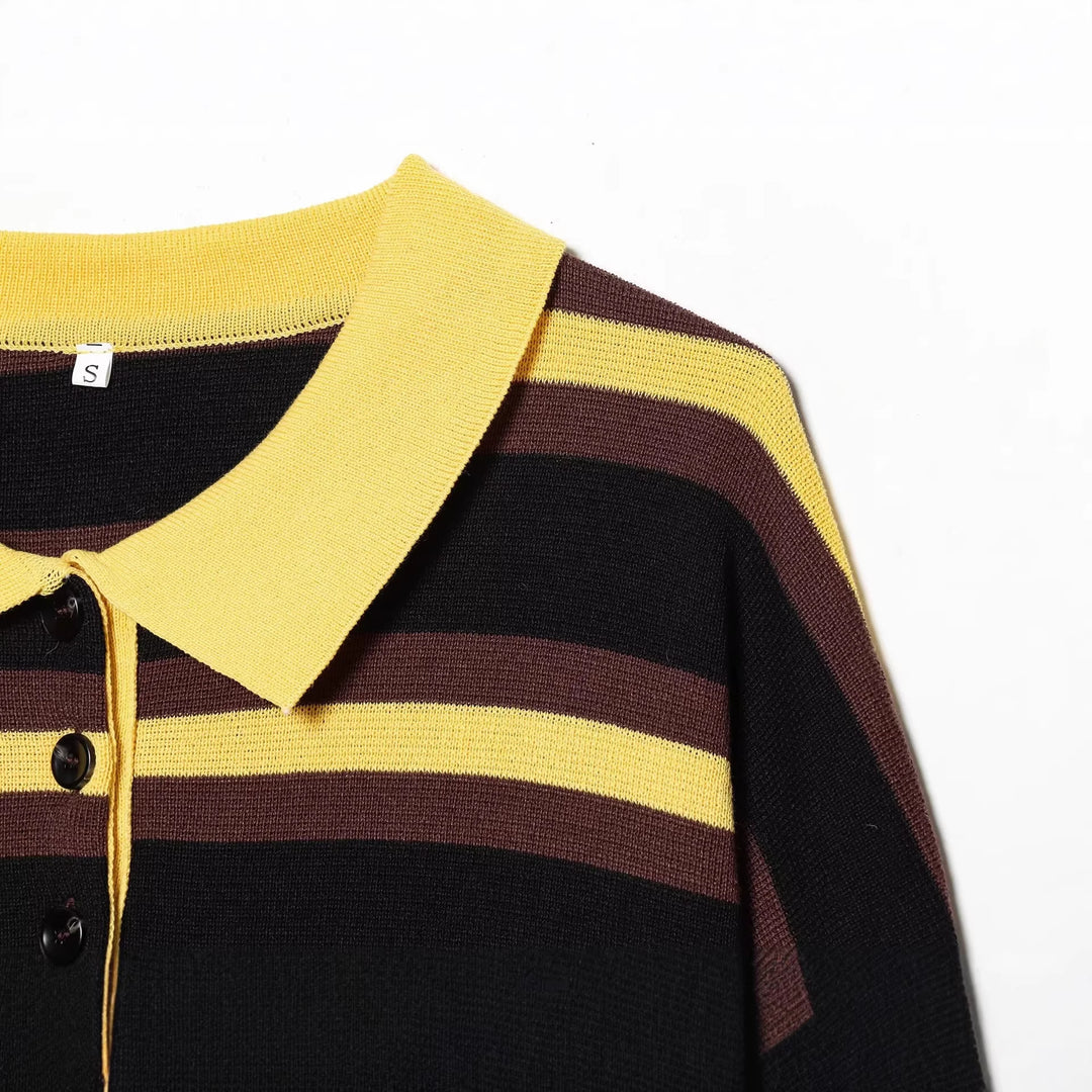 Damen Gestreifter Rugby-Pullover mit Polokragen und Knopfleiste Drune