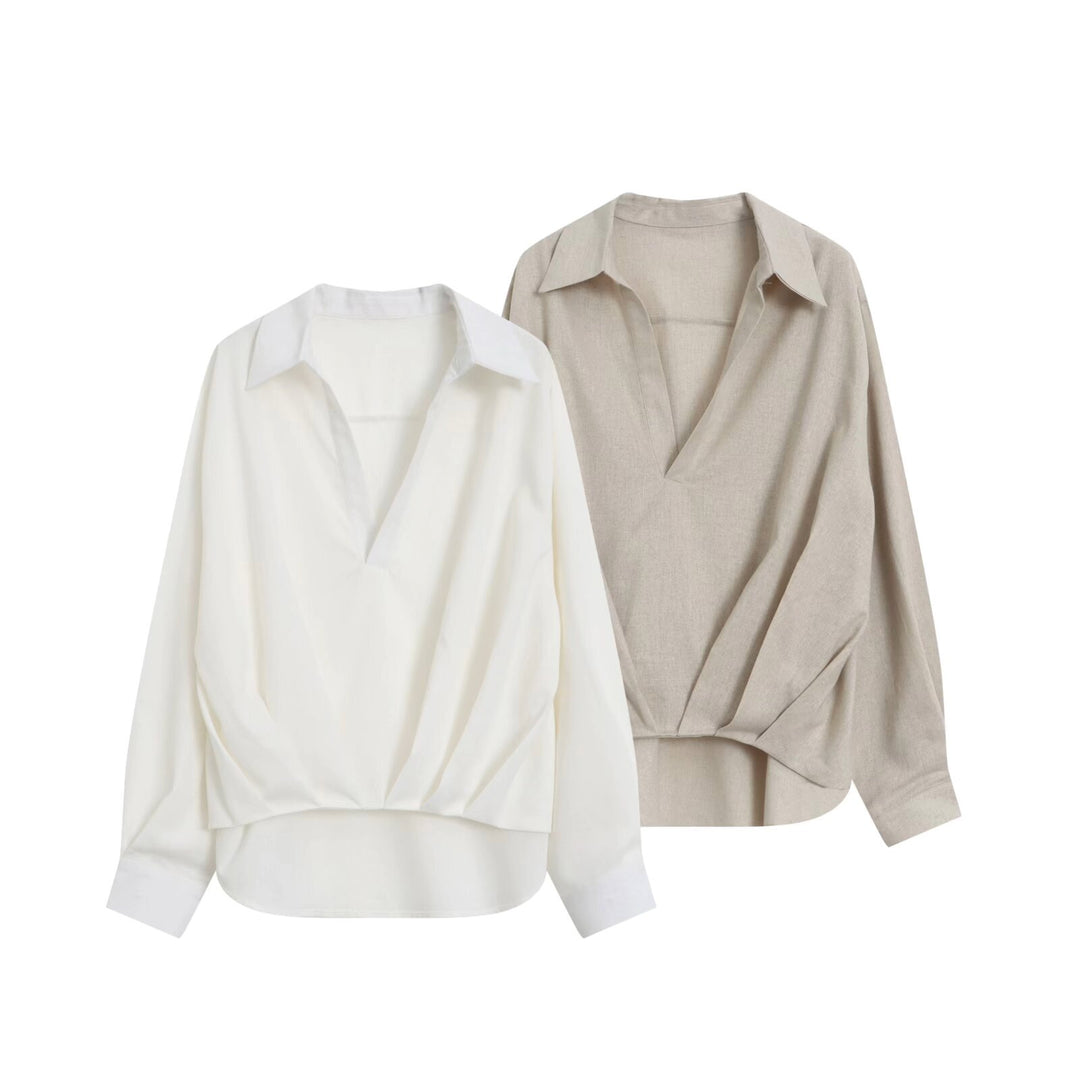 Damen Oversize Leinenoptik-Bluse mit tiefem V‑Ausschnitt, Hemdkragen und gerafftem Vorderteil Drune