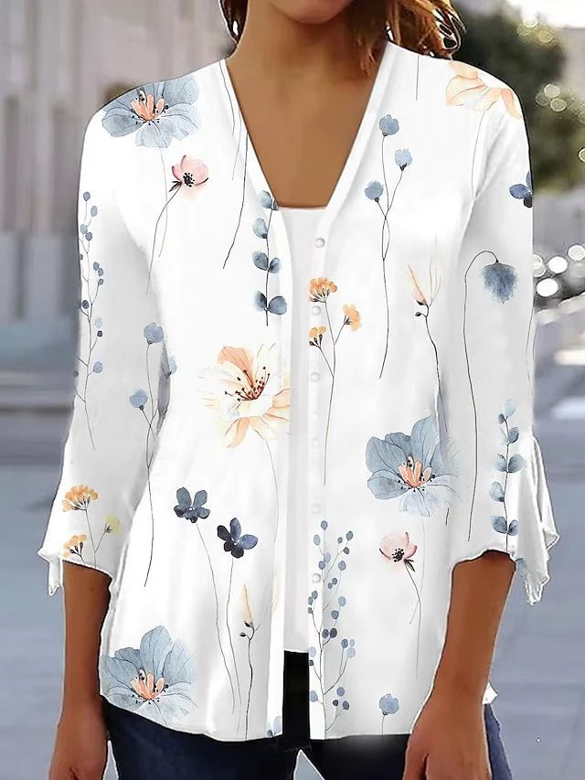 Damen nan leichte Chiffonbluse mit Aquarellblumenprint, V‑Ausschnitt, Knopfleiste und dreiviertelärmeln Drune