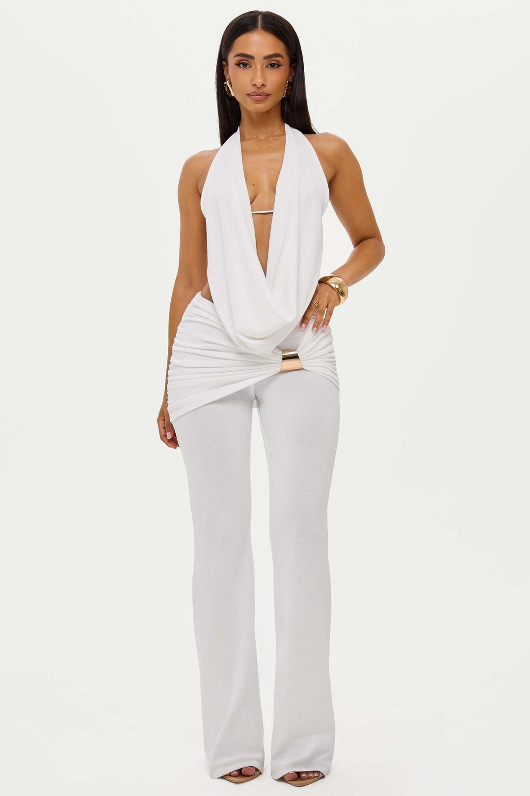 Damen elegantes, figurbetontes Jumpsuit mit tiefem Ausschnitt und weitem Bein Drune