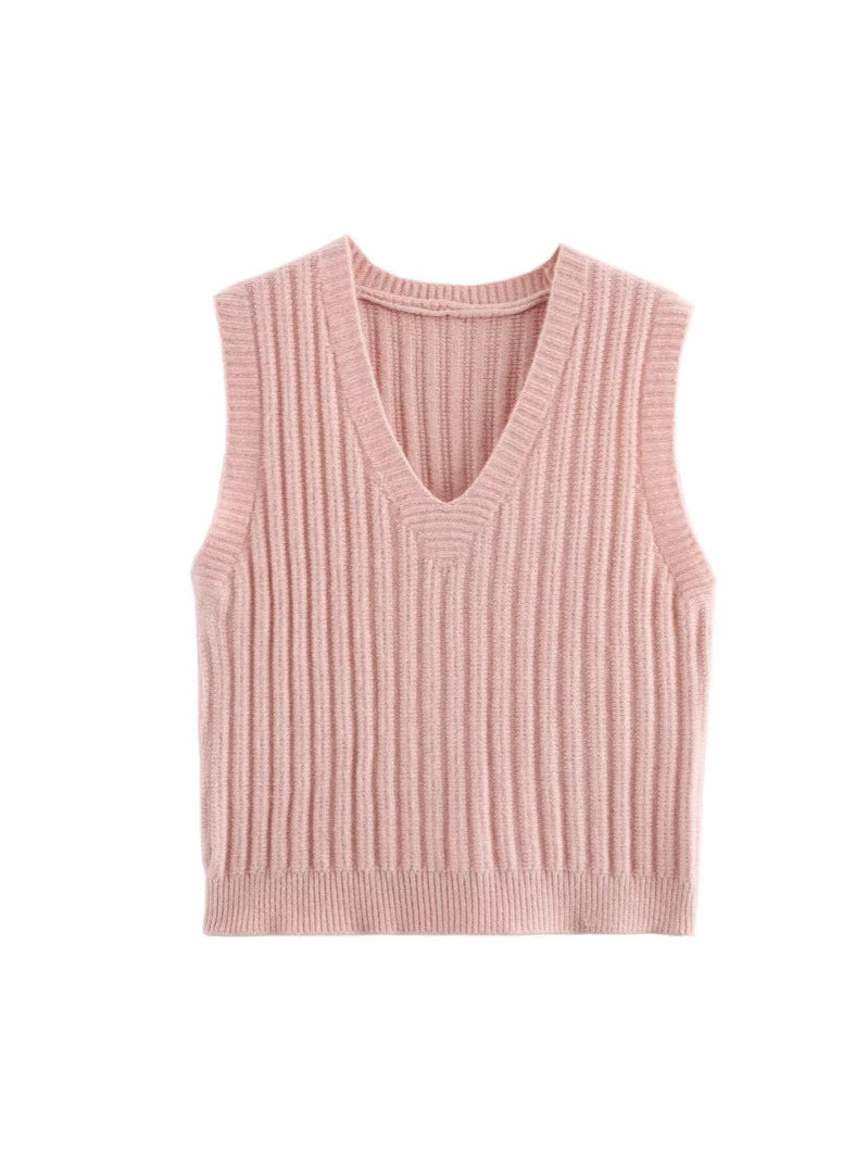 Damen V-Ausschnitt Rippenstrick Ärmelloser Pullover Drune