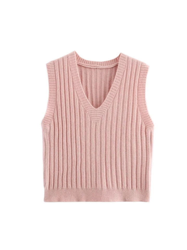 Damen V-Ausschnitt Rippenstrick Ärmelloser Pullover Drune